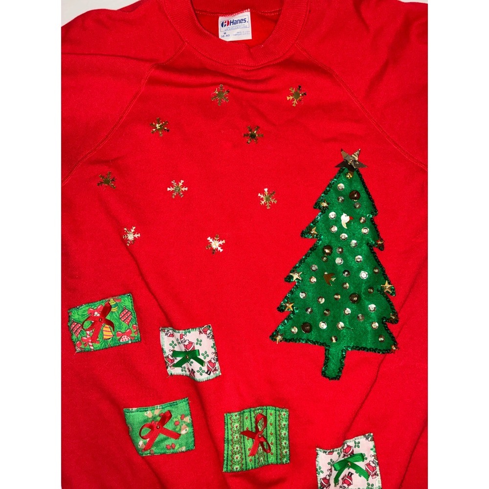 Vintage Hanes Christmas Tree Sweatshirt Red Ugly Holiday Pullover Medium USA - Picture 5 of 10